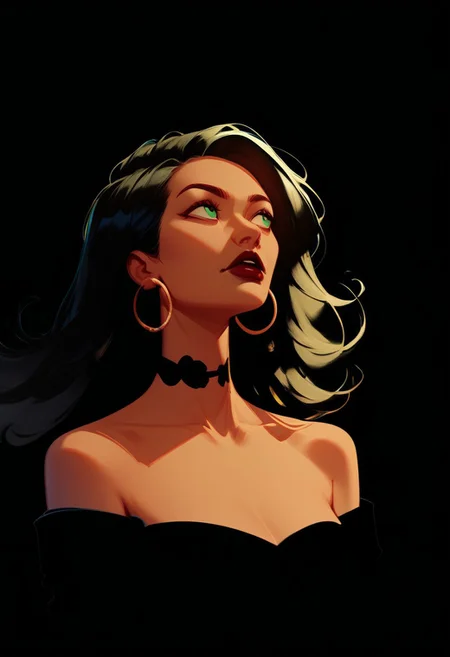 Blend_in, black background, score_9, score_8_up, score_7_up, masterpiece, best quality, absurdres, vibrant, highly detailed, (full front), upper body, 1girl, solo, 38 y.o gorgeous MILF, (green eyes:0.6), long black hair, open hair, hoop earrings, black satin choker, (tanned skin:0.6), matte red lipstick, strapless dress, off-shoulder dress, black elbow gloves, bare shoulders, collarbone looking away, looking to the right side, arms at sides, pitch black background, high contrasts, (light from right side:1.2)