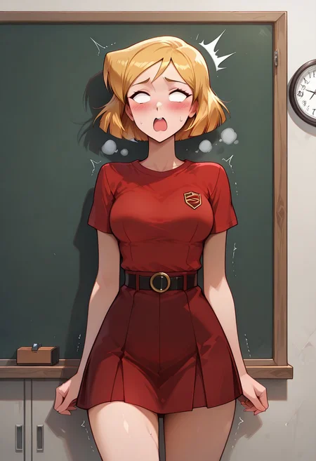 (ultra high res, ultra detailed, high resolution, highly detailed, 4k, 8k),(masterpiece), (((big panels , borders,))), chalkboard, anatomy lesson,  surrounded by man,((males, mocking her,    ))
break, break, break, 
1clover \(totally spies\), short hair, blonde hair, blue eyes, red skirt, red shirt, 
clothes , skirt,  medium breasts, red skirt, braid, blush, , spread legs, belt, red top, 
skinny, large hips,  sweat, , 
 ((( breathing, clock, , standing in front of class, shocked,trembling, 
red face, surprised, blank eyes, open mouth,  ))) 
no text, no bubbles,
<lora:hskc-cloverts-illust-v0.5:1>