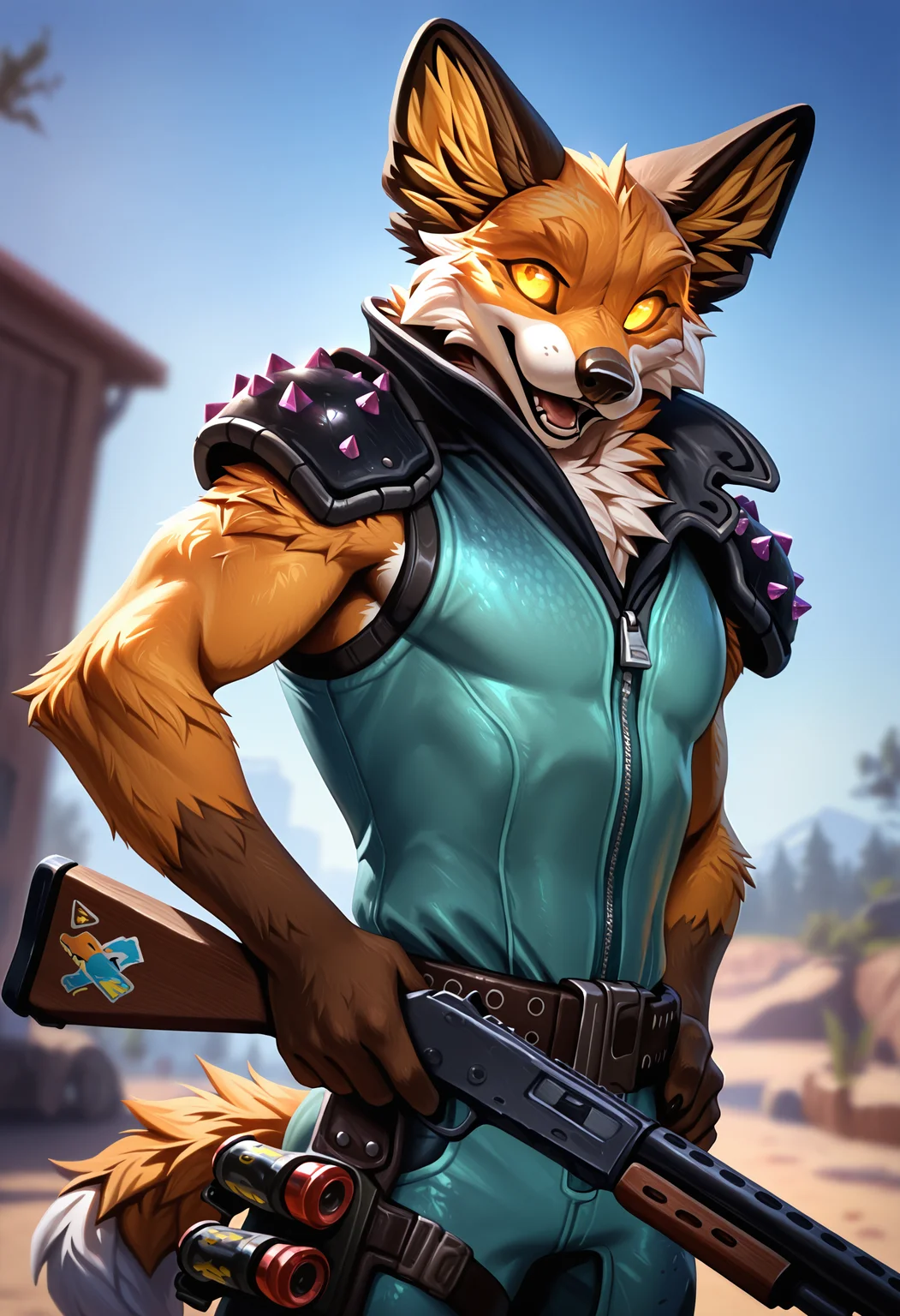 photorealism, photorealistic, chromatic aberration, depth of field, blurry background, detailed fur,   looking at viewer, dutch angle, close up,  (fennix:1.2), fortnite, male focus, solo, 1boy, holding weapon, holding shotgun, furry, anthro, clothes, colored sclera, shoulder armor, glowing eyes,   (syuro:0.8), (nomax:0.5), (honovy:0.6), (kenket:0.6), (taran fiddler:0.6), masterpiece, best quality, amazing quality, very aesthetic, absurdres, newest,   <lora:Fennix_Fortnite_Illustrious:1.0:1.0>,  side view, three-quarter portrait, looking away, hands on hips, open mouth