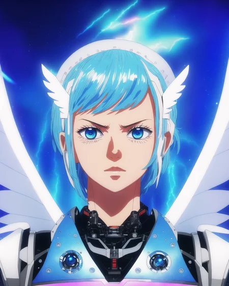 side bangs! robot arms! closeup! light baby blue hair, cloud background, masterpiece, cyborg, 19 year old young woman, best quality, epic, cinematic! sharp focus, 8k sword! pale, outstanding, extreme detail, scifi body suit collar, (style of Franois Quesnel and shinkai makoto and ghost in the shell Hiromasa Ogura and mike winkelmann beeple and Artgerm and WLOP and Ilya Kuvshinov and synthpunk:1.1) outstanding (glowing face war paint)
wanostyle mksk style female wearing full body multiple stitched layer (iridescent! robot! sharp focus! anime screenshot!:1.3) (blue lightning! bright blue hair! leather armor, angel wings! blue eyes, white metal body! vibrant over saturated, intricate pattern:1.3) <lora:wano:0.5> <hypernet:last:0.4> pink