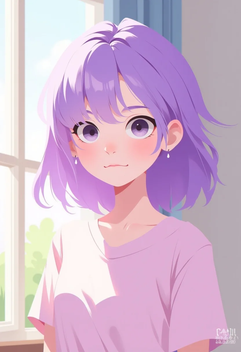 anime, cartoon, 2d flat illustration, anime girl, young woman, pale white skin, purple hair, natural strong sunlight from window,