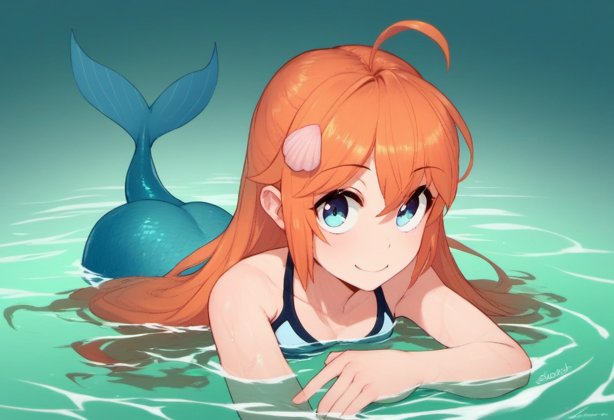 zPDXL, score_9, score_8_up, score_7_up, score_6_up, score_5_up, score_4_up, BREAK <lora:Molly_MacCormack_from_LiL_PonyXL:0.8>, swimsuit_molly, 1girl, solo, hair between eyes, as a mermaid, fish tail, no legs, sitting in water, partially submerged, looking at viewer, smile, seashell hair ornament
