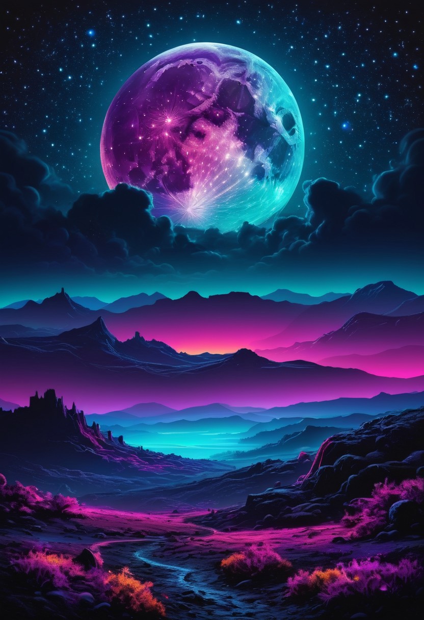 dark landscape, bright colors, neon, galaxy night sky, single large moon
