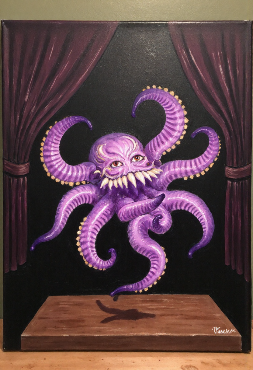 <lora:Thrift_Store_Paintings_FLUX:1> <lora:Ultros_-_Final_Fantasy_FLUX:1>
The image is a vibrant, expressive painting on canvas depicting a scene of an 8-tentacled purple octopus performing on a theater stage.