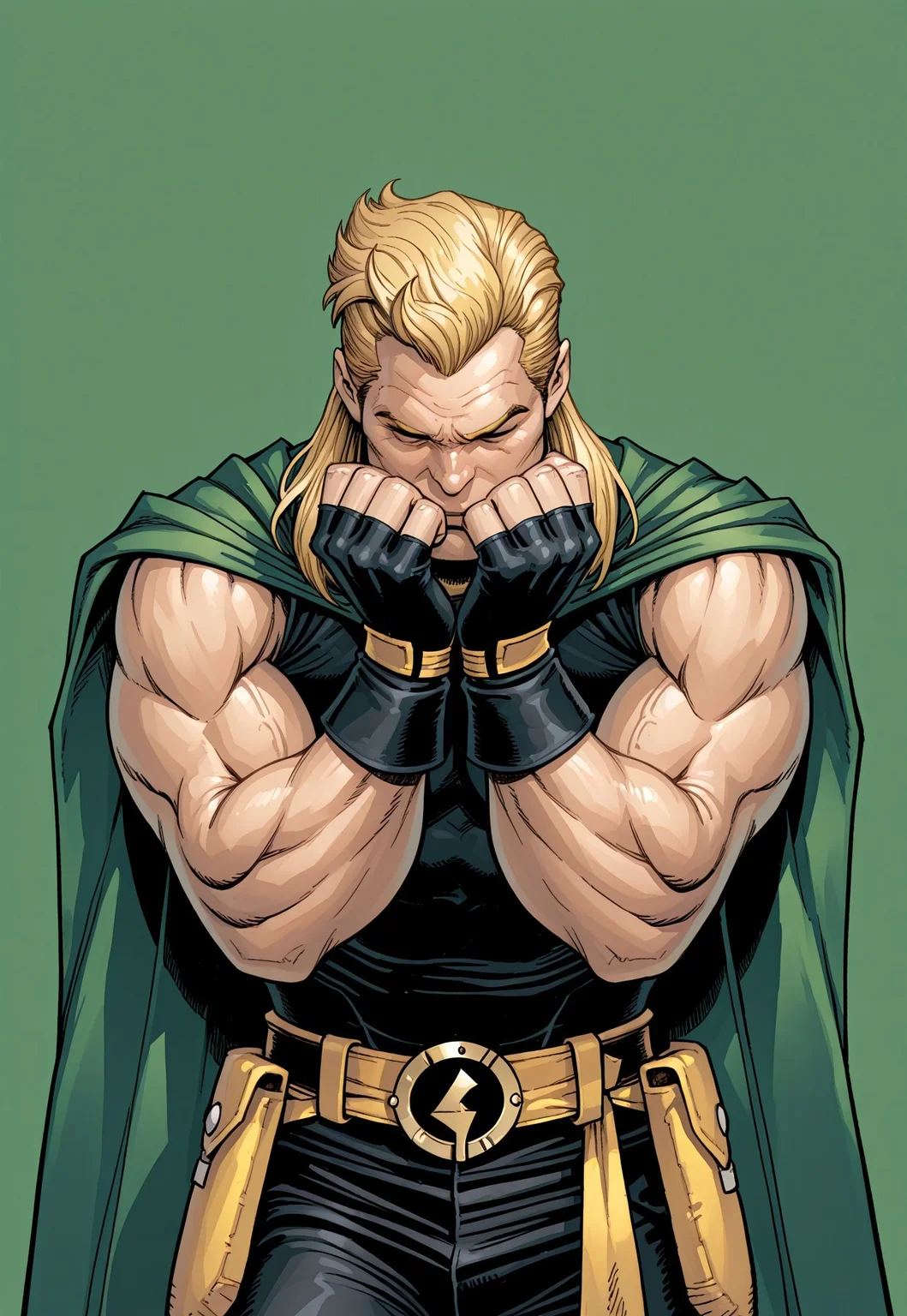 masterpiece, very aesthetic, Adams Style, solo, blonde hair, 1boy, male focus, muscular, cape, simple background, fingerless gloves, gloves, muscular male, green background, closed eyes, comic art style