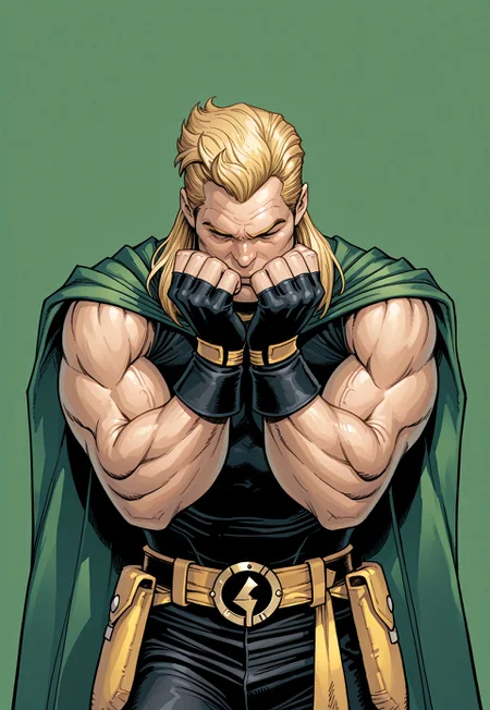 masterpiece, very aesthetic, Adams Style, solo, blonde hair, 1boy, male focus, muscular, cape, simple background, fingerless gloves, gloves, muscular male, green background, closed eyes, comic art style