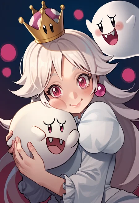 score_9, score_7_up BREAK 1girl,princess king boo,white hair,long hair,pink eyes,smile,upper body,hugging boo,ghost,super mario bros \(series\),creature,cheek press <lora:poch4n_pd:1>