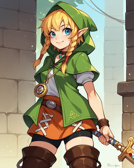 score_9, score_8_up, score_7_up, source_anime, solo, 1girl, linkle, nintendo, the legend of zelda, braid, twin braids, choker, thigh boots, zettai ryouiki, hood, <lora:linkle_PDXL-000001:1>