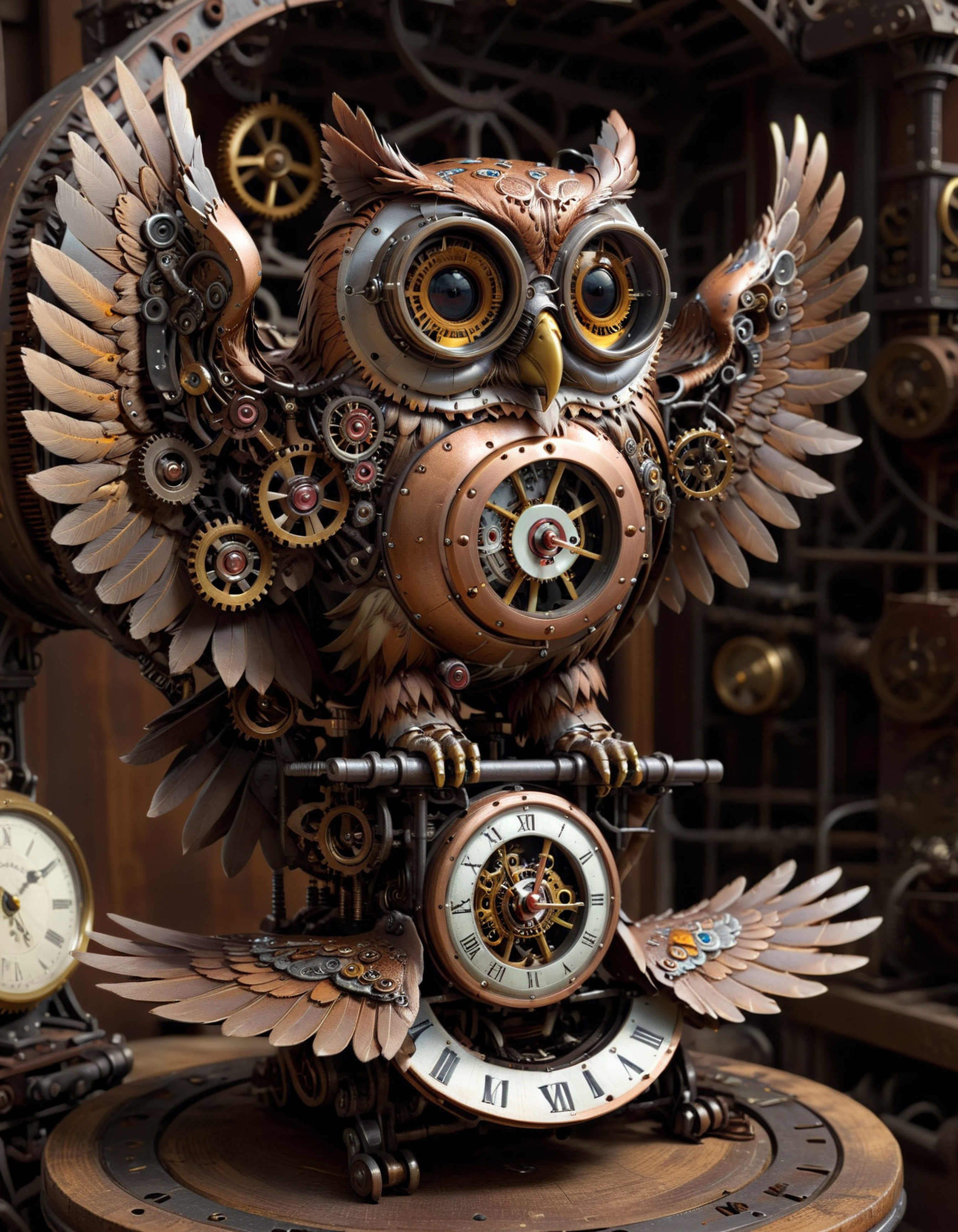 Steampunk Owl - An intricately designed owl with steampunk elements like gears, goggles, and a mechanical wing, perched on a vintage clock. ((centered 1:2))
 <lora:perfection style:1> <lora:ScrapBuiltAI:0.8> scrapbuiltai