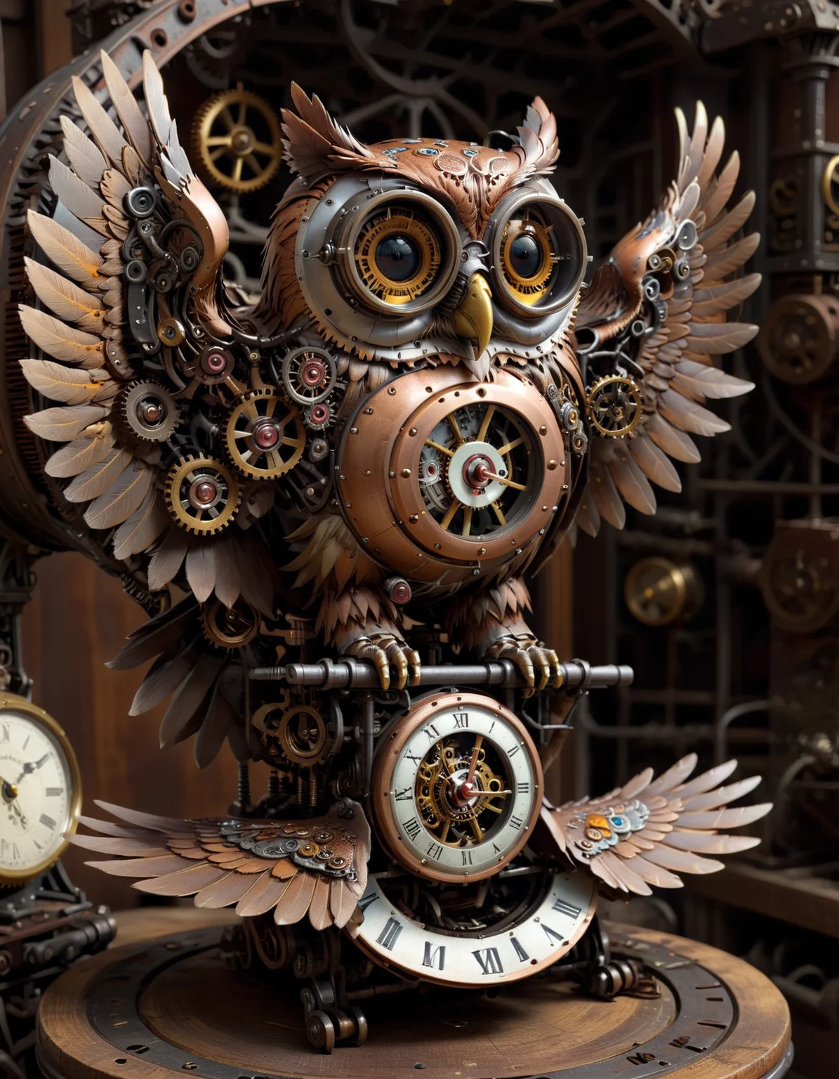 Steampunk Owl - An intricately designed owl with steampunk elements like gears, goggles, and a mechanical wing, perched on a vintage clock. ((centered 1:2))
<lora:perfection style:1> <lora:ScrapBuiltAI:0.8> scrapbuiltai