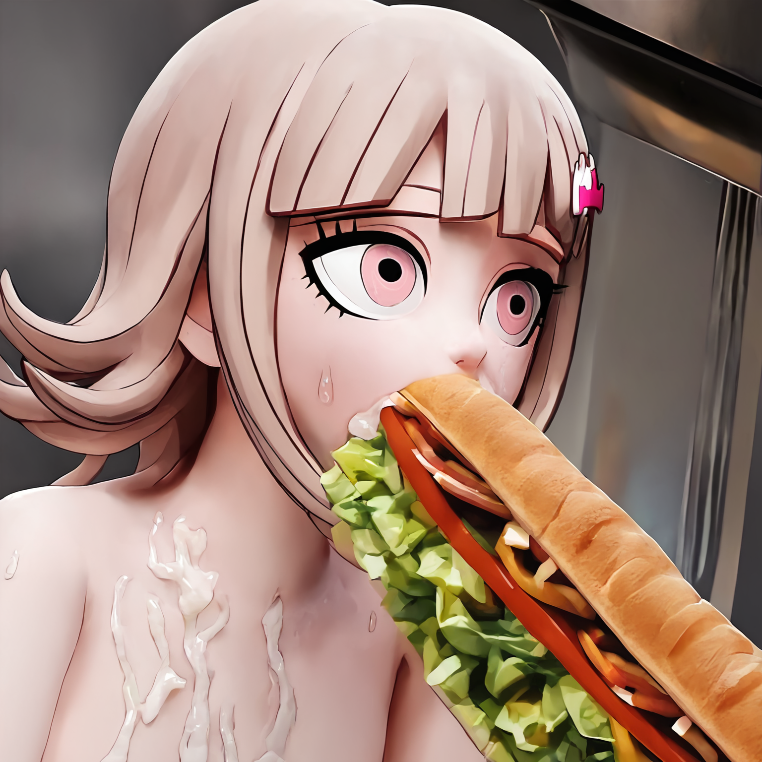 score_9, score_8_up, score_7_up, score_6_up, score_5_up, score_4_up, nanami_chiaki, danganronpa_(series), pink_eyes, brown_hair performing fellatio on a sandwich, eatfresh, freshcock, cum on body, sweat, feral, show accurate, dilapidated, factory,   <lora:EatfreshPDXL:1>