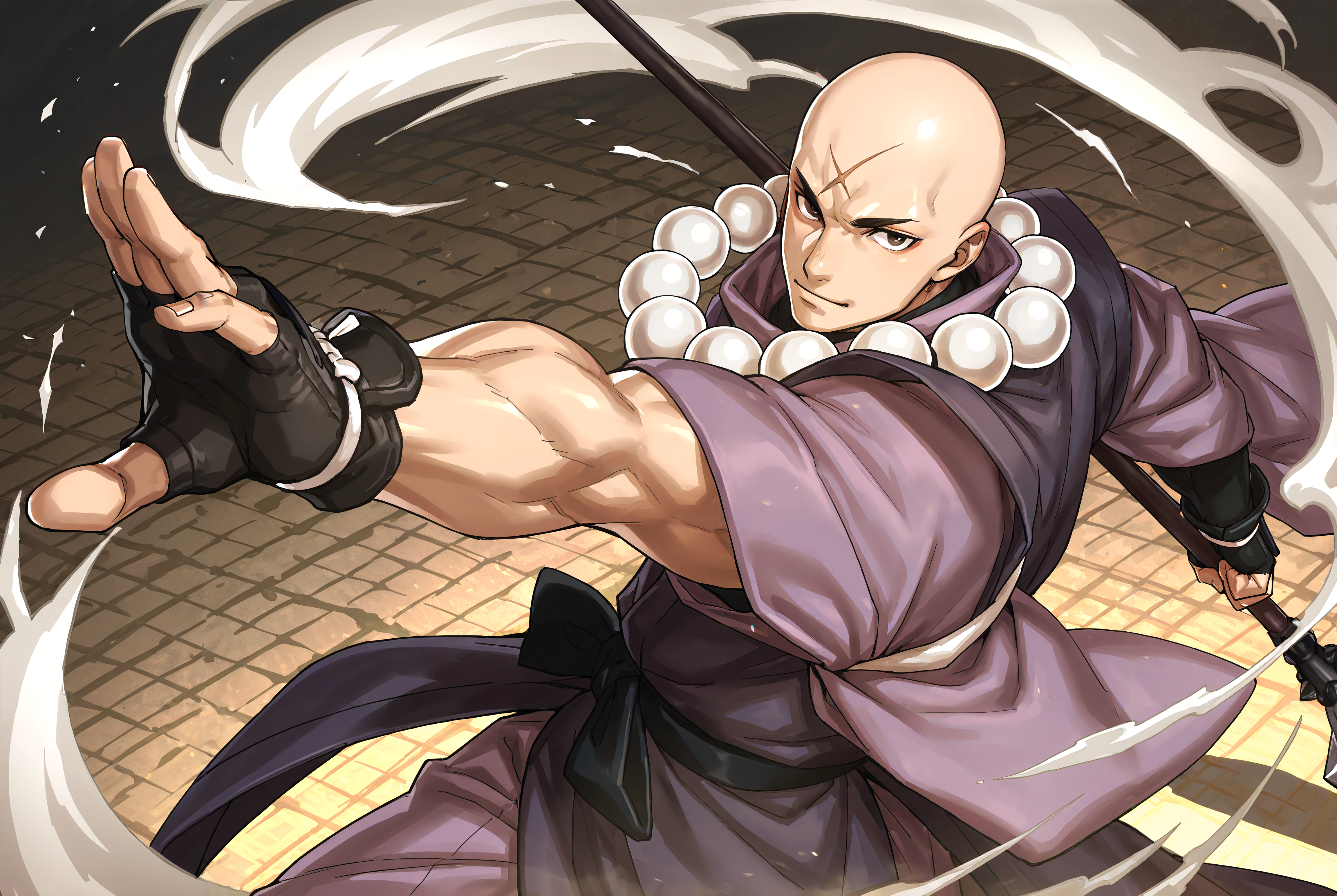 score_9,score_8_up,score_7_up,best quality,ultra-detailed,high resolution,digital painting,8k,1boy,solo,male focus,bara,cowboy shot,detailed face,bald,monk,beads,jewelry,necklace,japanese clothes,white prayer beads,scar,scar on face,fingerless gloves,weapon,polearm,dynamic pose,looking at viewer,game cg,<lora:add-detail-xl:1>,<lora:League_of_Legends__illustrious-XL:0.5>,<lora:rokudenashi:0.5>,<lora:FGO Hozoin Inshun:0.6>,fgo hozoin inshun,