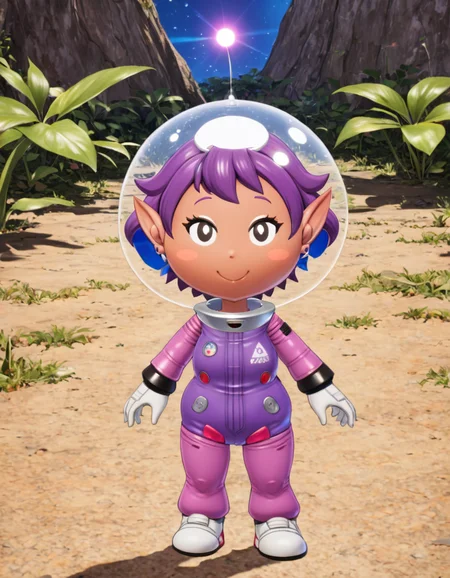 P1km1nCrew, afro, 1girl, woman, female focus, solo, outdoors, (brown) hair, purple jumpsuit, space_helmet, anime, brown skin, wide_hips, smile,  pointy ears,
<lora:P1km1nCrew_SDXL:.78>