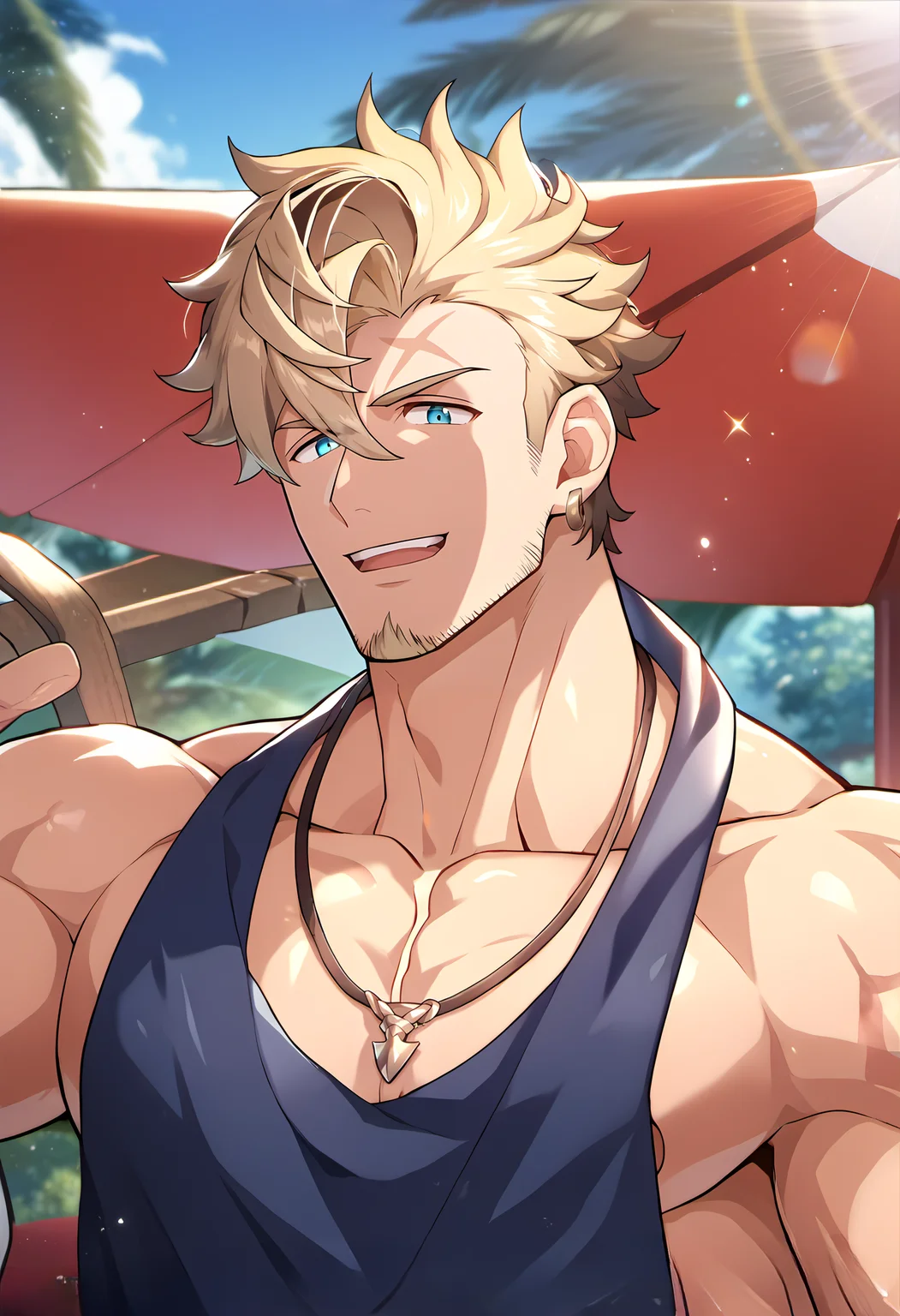 <lora:Curran:0.8>, score_9_up, score_8_up, score_7_up, score_6_up, ((source_anime)), anime, best quality, amazing quality, best aesthetic, amazing aesthetic, absurdres, year2023, curran, male focus, 1boy, solo, bara, pectorals, muscular, mature male, large pectorals, goatee, stubble, swimsuit, ear_piercing, necklace, beach