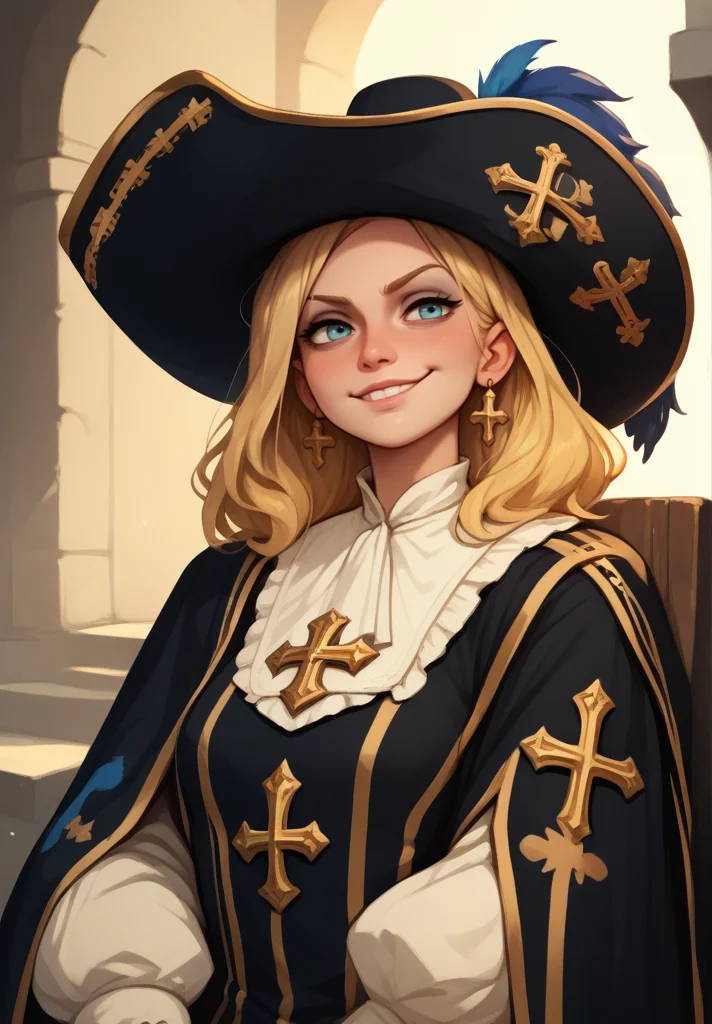 1girl, blonde hair, smug, grin, <lora:Gothic:1> 1gothic1,
<lora:Musketeer:1> musketeer, mu$k3t33r <lora:Noss:0.5> noss, cartoon,, score_9, score_8_up, score_7_up, score_6_up, score_5_up, score_4_up, BREAK