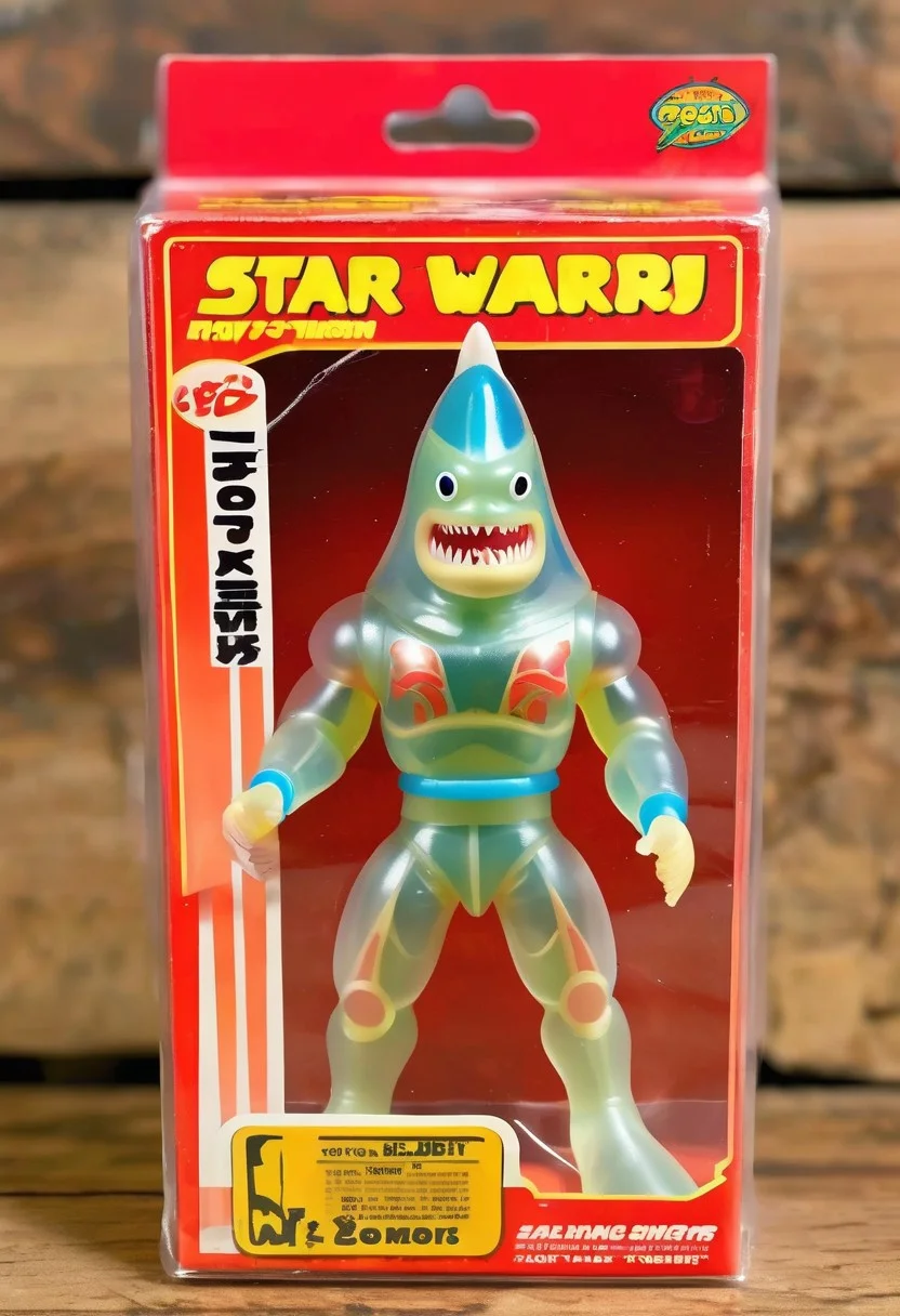 <lora:1987 Action Figure Playset Packaging:1>1987 Action Figure Playset Packaging - A product photo of a 1970s japanese toy clear Shark warrior figure in front of packaging
