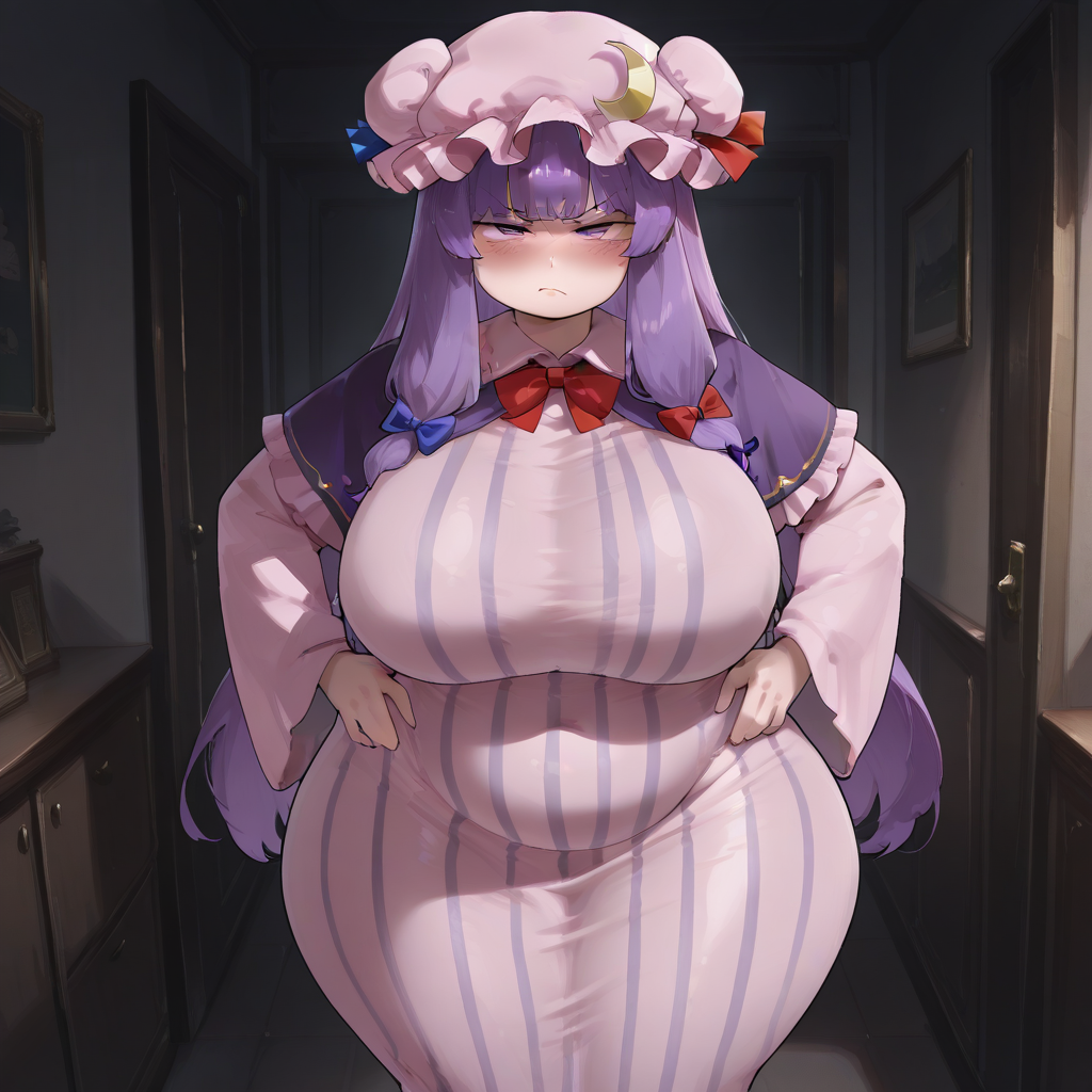 masterpiece, very aesthetic, best quality, 1girl, solo, solo female, feet out of frame, facing viewer, looking at viewer, big breasts, chubby, large ass, wide hips, thick thighs, indoors, apartment, dark room, tight clothing, sensual pose, disdain, annoyed, hands on hips, blush, patchouli knowledge, purple eyes, purple hair, long hair, sidelocks, mob cap, pink hat, crescent pin, hair bow, blue bow, red bow, pink dress, purple capelet, vertical-striped dress