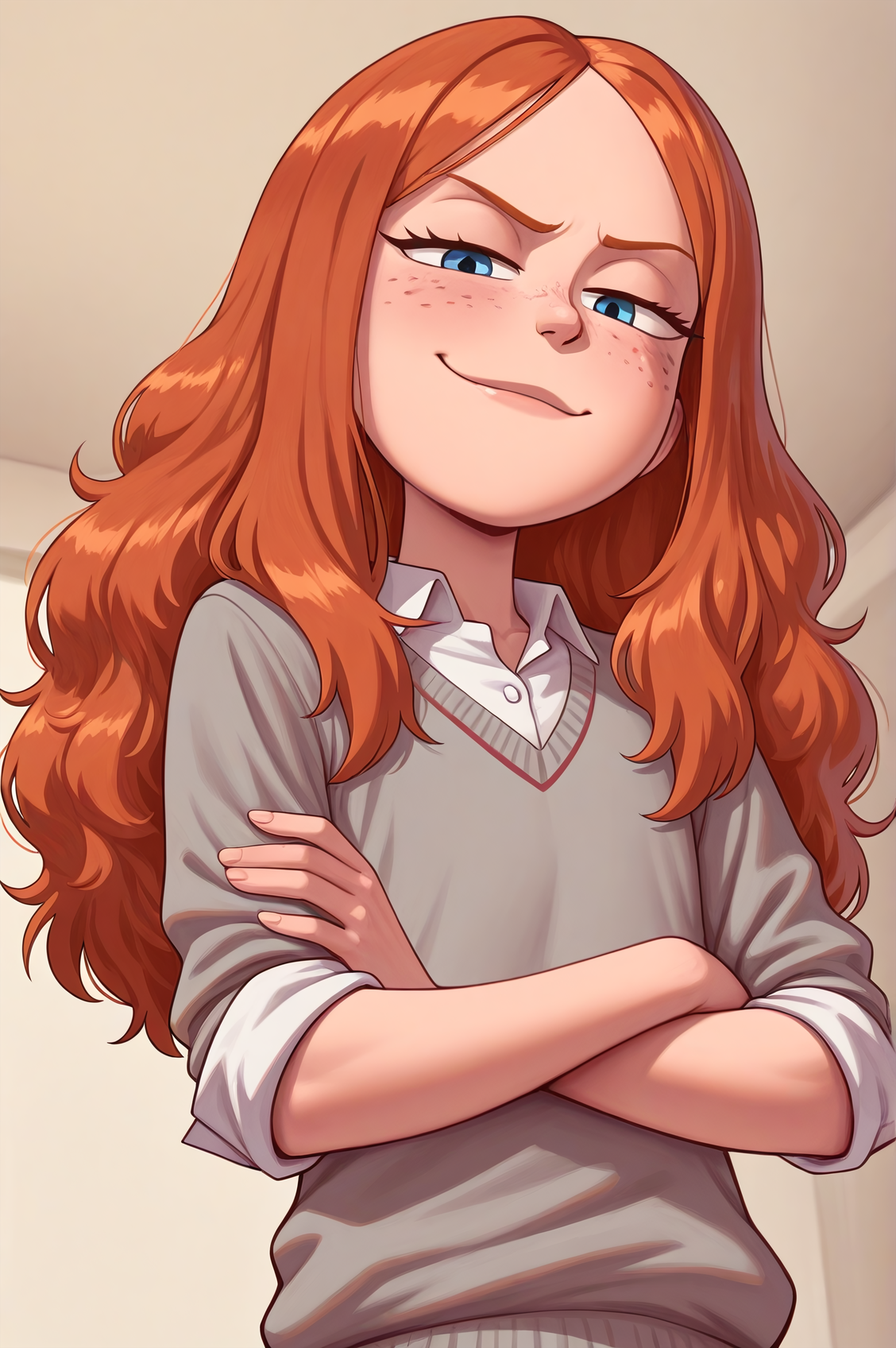 masterpiece, best quality, absurdres, 
1girl, white collared shirt, gray sweater, sleeves rolled up, crossed arms, smug, looking at viewer, low angle,
 <lora:Poppy_Prescott_IllustriousXL_noobaiXLNAIXL:0.8> poppypres, orange hair, long hair, blue eyes, freckles,
 <lora:queencomplex_ill:1>