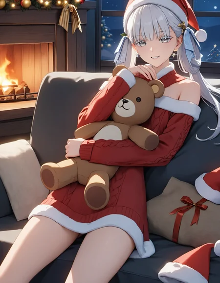 masterpiece, best quality, 8K, very aesthetic, UHD, volumetric lighting, natural lighting, highly detailed, intricate details, 1girl, home clothes, red wool sweater, wool socks, christmas hat, bare shoulders, bare legs, twintails, white eyelashes, white hair, white eyes, cute smile, happy, lifelike female body, perfect female body shape, narrow waist, lying on the couch, hugging a huge teddy bear, one leg up, dim light, christmas decorations, fireplace, night, cozy wooden house, <lora:Jinhsi_V1.11:0.7>