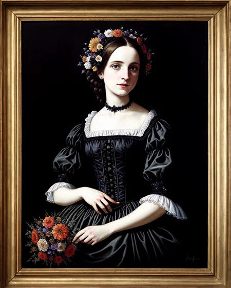 gothic woman baroque painting with black flowers in the background hyper realistic ethereal beautiful
