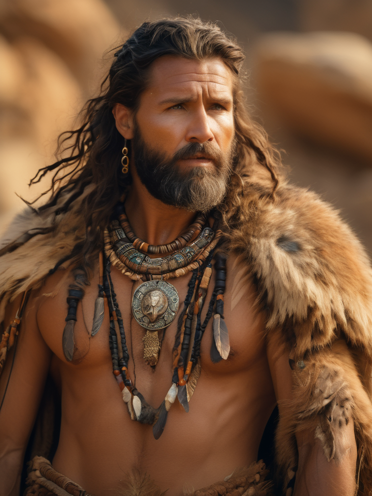 medium shot , ((Stone Age shaman, wearing a cape made of bear, wolf and leopard skin, intricate Paleolithic colored jewelry, necklaces of predator teeth and claws, shell bracelets)), carved, feathered, ochre-colored staff , stone knife ,(stern angry face) , (scars) ,cave wall with paleolithic drawings in the background ,elaborate and detailed scene, the most beautiful couple , flowing wavy black hair , thick beard , (Natural, organic, Ultra realistic, dramatic, intricate, Fantasy movie shot), (lots of very colorful Hallowed Ones Summons benevolent deities) , ((,strong muscular body)), (Highly detailed, amazing fantasy setting), (Colorful, High quality, Sharp focus, 8K UHD , richly decorated with intricately engraved, prismatic highlights, atmosphere, gorgeous, depth of field, cinematic, macro, concept art, 50mm, artstation, wlop, elegant, epic, weta digital, focus, octane render, v-ray, 8k, kodak portra, art by Liberatore, sony a7ii, 200mm lens, bokeh,Movie Still,Film Still,male,greg rutkowski
