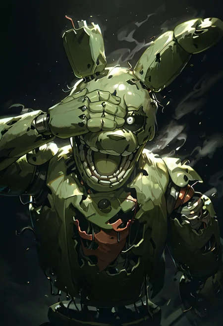 masterpiece, best quality, amazing quality, very aesthetic, absurdres, newest, detailed background, foreground blur, 
,springtrap, robot, teeth, rabbit ears, mechanical parts, animatronic, green skin, round head,  damaged, 
open mouth, wide open mouth, upper body, black sclera, covering eye, black background, smoke,