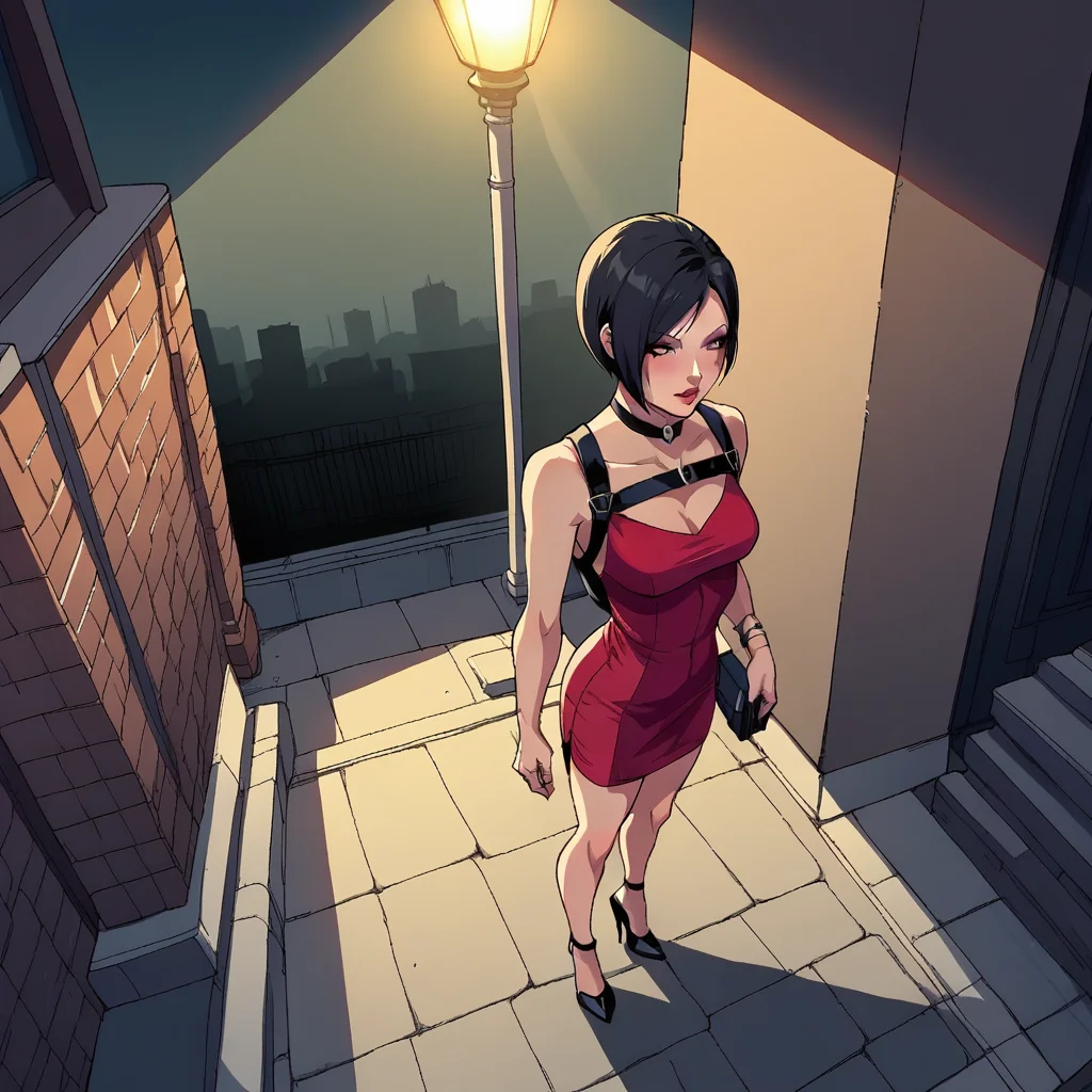 score_9, score_8_up, score_7_up, score_6_up, score_5_up, score_4_up, zPDXL2,source_anime,rating_questionable, 1girl,outdoors, night time, urban, night, street, Ada Wong Resident Evil, red dress, high heels, harness, (high angle, from above:1.2), <lora:streetlight:0.8> str33tl1ght,below lamppost, spotlight, outdoors