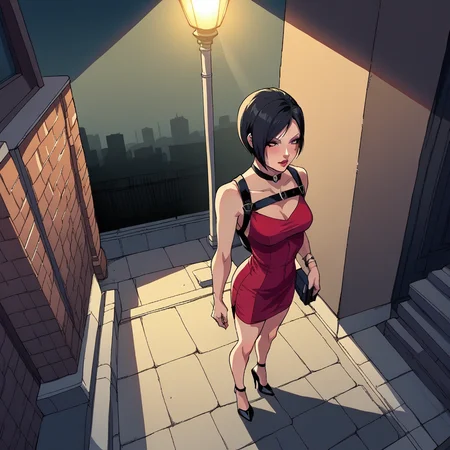 score_9, score_8_up, score_7_up, score_6_up, score_5_up, score_4_up, zPDXL2,source_anime,rating_questionable, 1girl,outdoors, night time, urban, night, street, Ada Wong Resident Evil, red dress, high heels, harness, (high angle, from above:1.2), <lora:streetlight:0.8> str33tl1ght,below lamppost, spotlight, outdoors