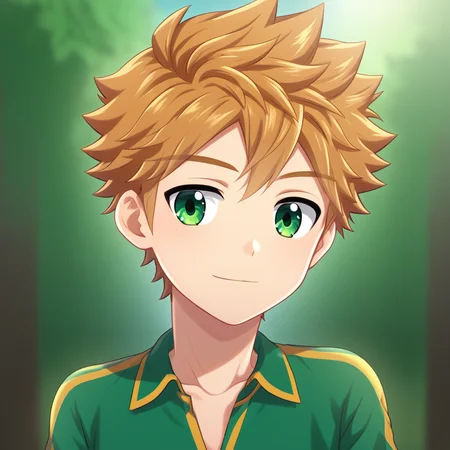 short hair, blond hair, solo focus, green eyes, solo, 1boy