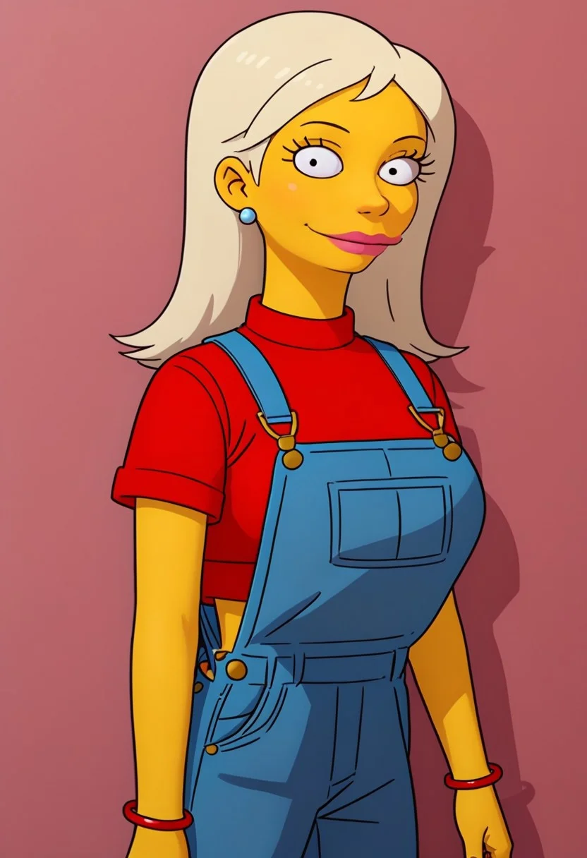 ((bedroom background)),score_9, score_8_up, score_7_up,score_6_up,
1girl, solo, Becky_TS, yellow skin, black eyes, blonde hair, long hair, light blue earrings, red sleeveless sweater, blue overalls with fitted straps, red bracelet on the wrist, black boots, big eyes, tall stature, social smile, sexy face, close-up, face photo, perfect eyes, perfect smile, looking at the viewer, big breasts, detailed eyes, perfect eyes, very close-up, cute