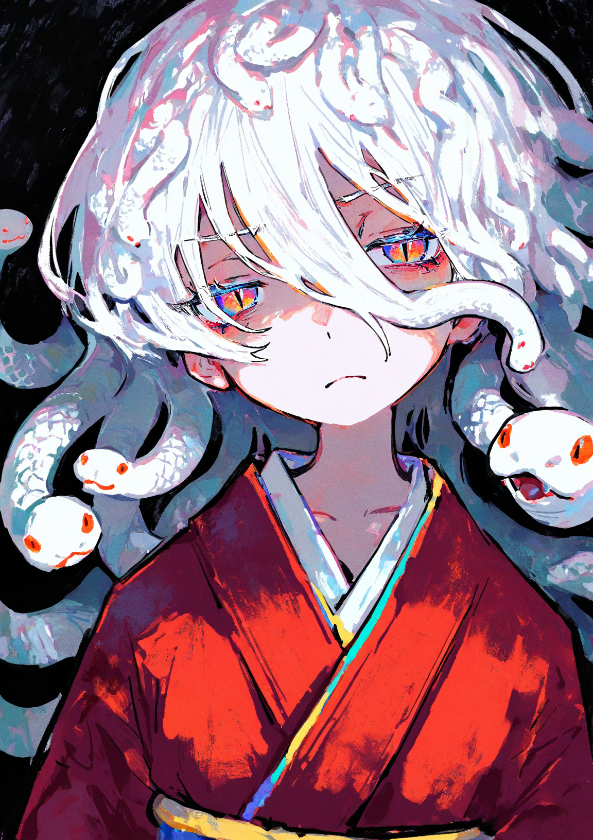 masterpiece, best quality, very aesthetic BREAK kiato, (ciloranko:.7), dino \(dinoartforame\), horror \(theme\), gritty, colorful, faux traditional media, watercolor \(medium\) BREAK 1girl, solo, white hair, red kimono, flat chest, half-closed eyes, looking at viewer, annoyed, snake hair, slit pupils, frown
<lora:noob05-kiato-unet only-feb18-step00002464:1>