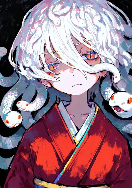 masterpiece, best quality, very aesthetic BREAK kiato, (ciloranko:.7), dino \(dinoartforame\), horror \(theme\), gritty, colorful, faux traditional media, watercolor \(medium\) BREAK 1girl, solo, white hair, red kimono, flat chest, half-closed eyes, looking at viewer, annoyed, snake hair, slit pupils, frown
<lora:noob05-kiato-unet only-feb18-step00002464:1>