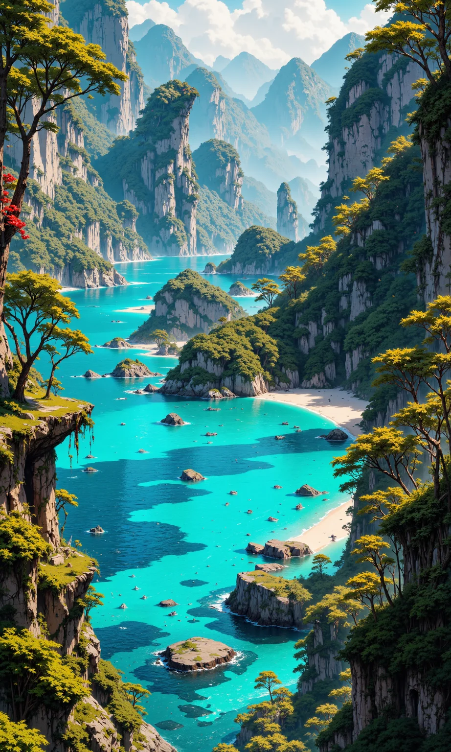 Pristine limestone karst formations rising from crystal-clear turquoise waters, untouched tropical islands with lush vegetation, white sandy beaches, and hidden lagoons. Vibrant coral reefs teeming with colorful fish beneath the surface. Towering palm trees sway gently in the warm breeze. Dramatic cliffs adorned with cascading vines and exotic flowers. Serene natural lighting, golden hour glow. Intricate details, photorealistic quality, 8k resolution. Aerial perspective showcasing the vast, unspoiled archipelago paradise. <lora:FluxMythP0rtr4itStyle:1.0> <lora:Liquid_Clothes_v2:1.0> <lora:RetroAnimeFluxV1:0.3> <lora:flux_dev:1>