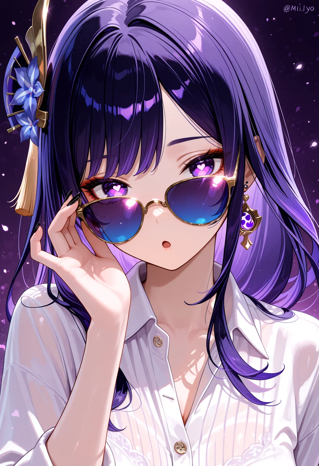 lazypos, musou isshin (genshin impact), 1girl, :o, adjusting eyewear, artist name, black nails, purple hair, earrings, fingernails, hair ribbon, heart, heart-shaped pupils, jewelry, long hair, parted bangs, thin gold framed sunglasses, blue tinted lens, portrait, purple background, purple eyes, casual shirt, solo, symbol-shaped pupils, tinted eyewear, upper body