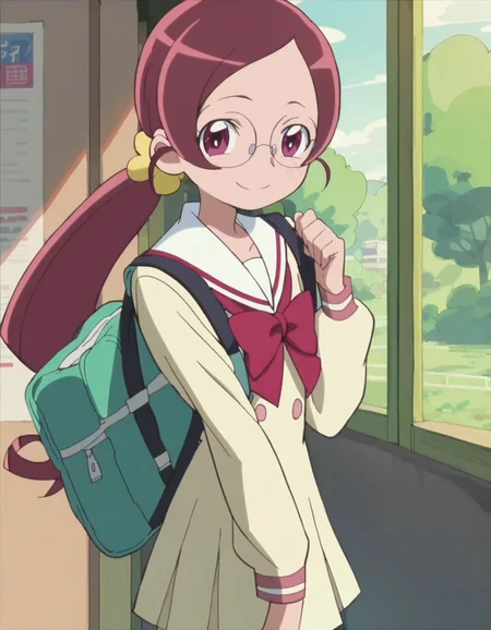 score_9, score_8_up, score_7_up,1girl,solo, anime screencap,hanasakitsubomi, 1girl, school uniform ,cowboy shot,ponytail,glasses,long hair,looking at viewer,smile,blush<lora:hanasakitsubomi:0.8>