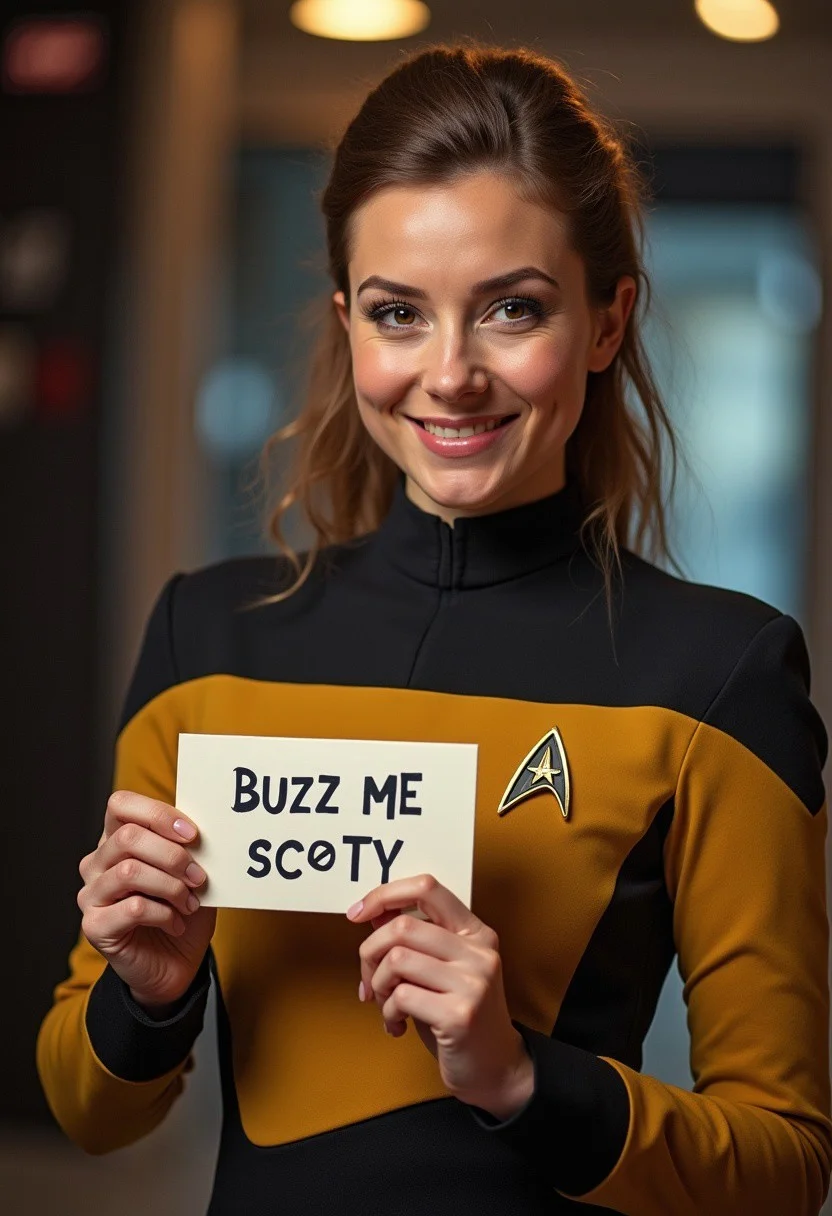 woman in star trek uniform holding  sign that says "buzz me scotty"