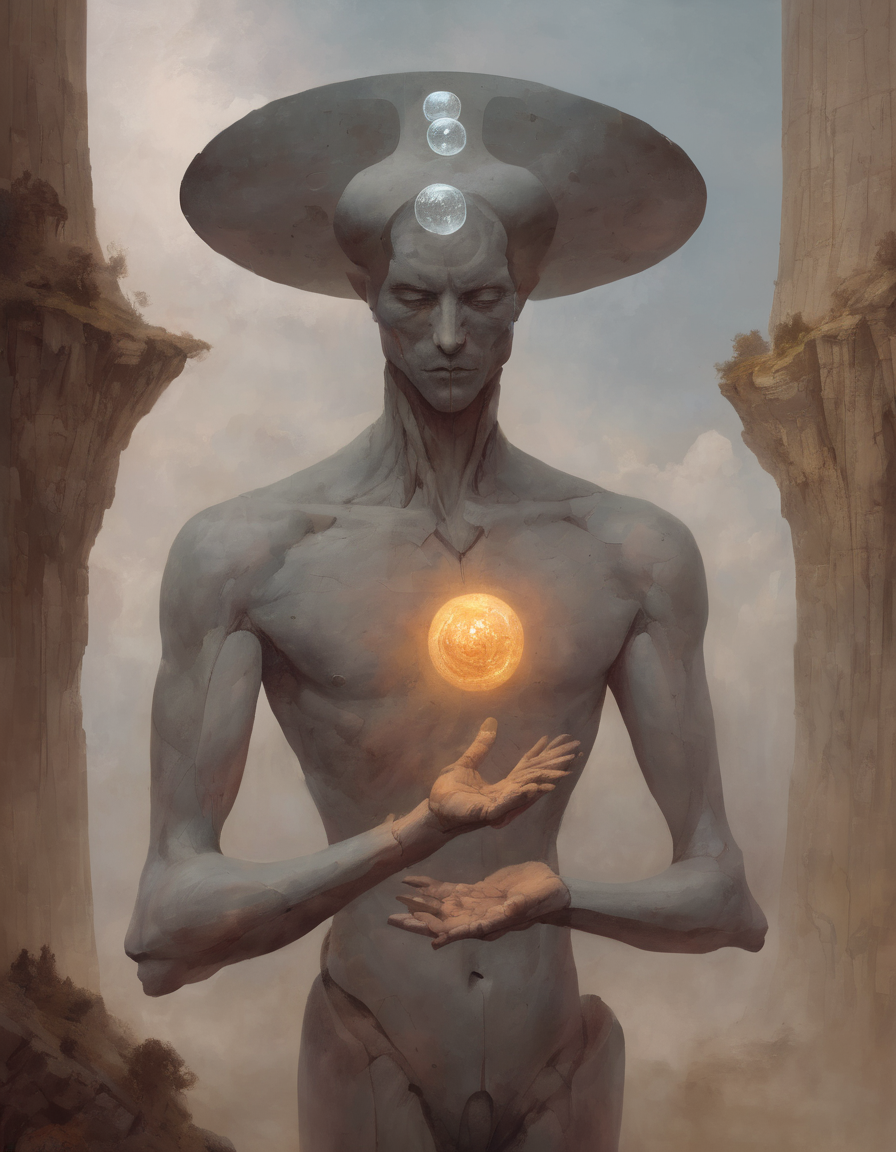 <lora:ptm0-000007:0.8>ptm0 a painting of a man with a head made out of a half moon three pointed stone with floating orbs levitating around him pressing his palms together with thin insect like body made out of thin flexible rocks, muted colors, light shining from behind, abstract, surreal, beksinkski, horror, dark art,  floating in the air, Bastien L. Deharme, magic the gathering artwork, an ultrafine detailed painting, altermodern