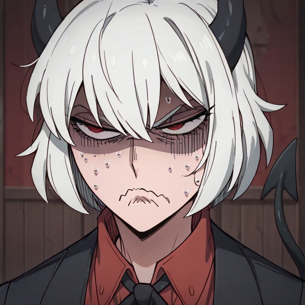 masterpiece, best quality, newest, absurdres, highres, anime, anime style, 
YorButthurtFaceIL-V1.0,
angry, annoyed, expressive, exxagerated exxpresion, frown, shaded face, wavy mouth, sweating profusuely,
1girl, malina \(helltaker\), demon girl, short hair, white hair, horns, demon tail,