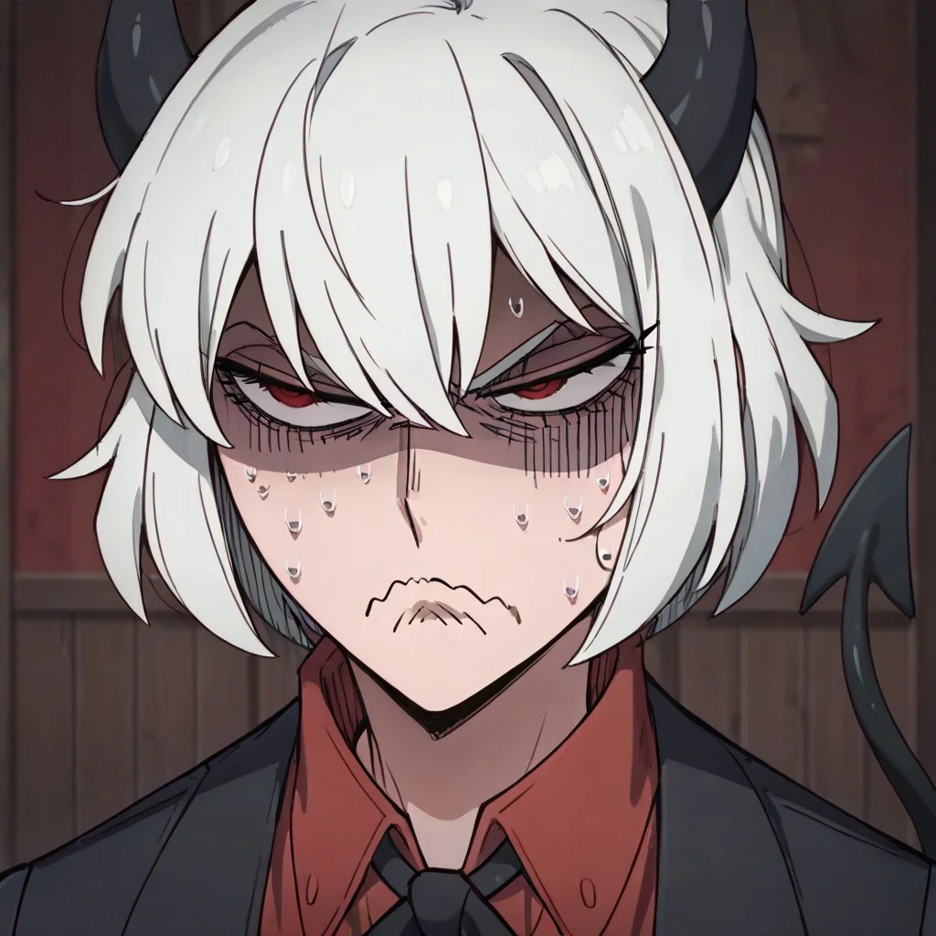 masterpiece, best quality, newest, absurdres, highres, anime, anime style,
YorButthurtFaceIL-V1.0,
angry, annoyed, expressive, exxagerated exxpresion, frown, shaded face, wavy mouth, sweating profusuely,
1girl, malina \(helltaker\), demon girl, short hair, white hair, horns, demon tail,
