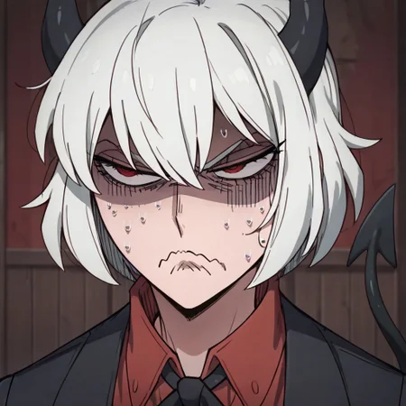 masterpiece, best quality, newest, absurdres, highres, anime, anime style,
YorButthurtFaceIL-V1.0,
angry, annoyed, expressive, exxagerated exxpresion, frown, shaded face, wavy mouth, sweating profusuely,
1girl, malina \(helltaker\), demon girl, short hair, white hair, horns, demon tail,