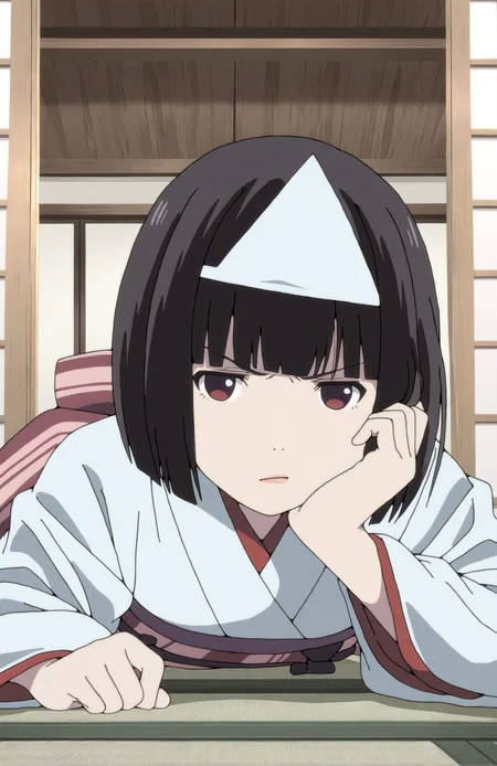 NoraMizu. 1girl, black hair, short hair, bangs, triangular headpiece, japanese clothes, white kimono, obi, sash, long sleeves, face focus, looking at viewer, front view, japanese house, lying on stomach, hand on cheek, annoyed
