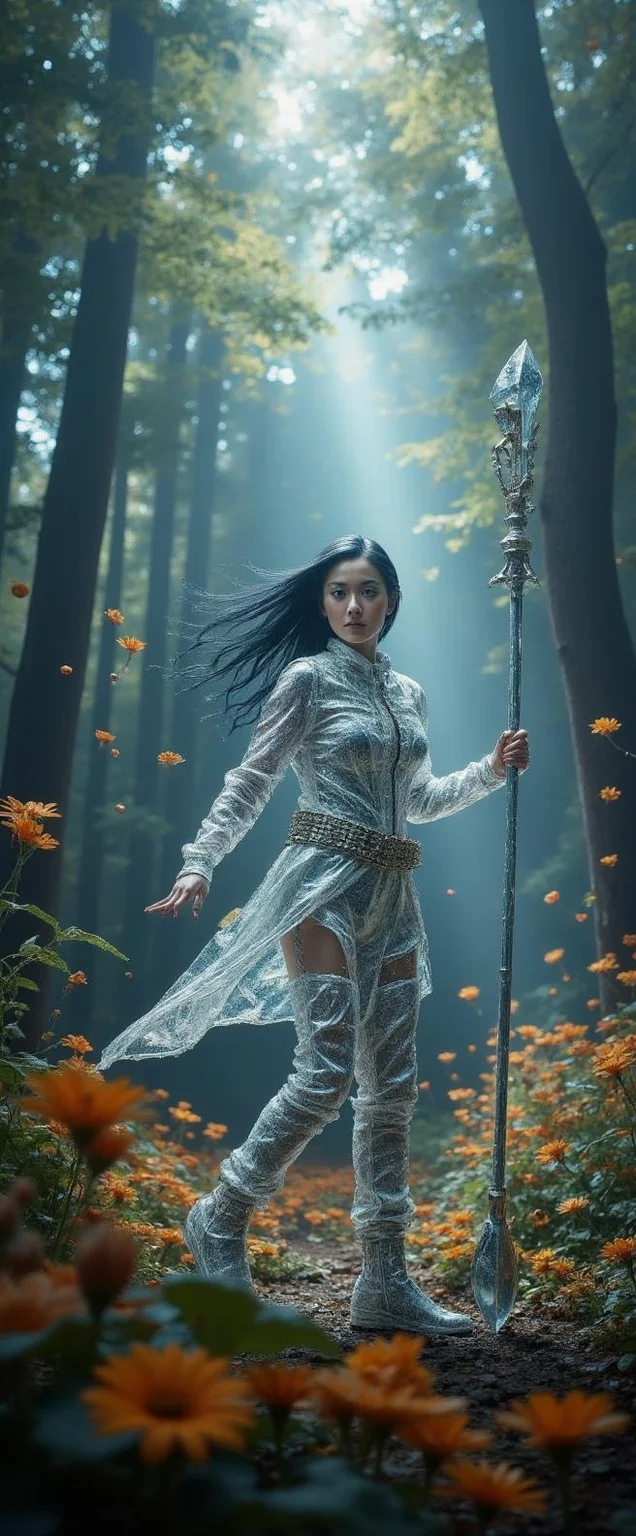 <lora:ck-waterworld.safetensors:1> ck-wtr, transparent, made out of ck-wtr
In the heart of a surreal, whimsical wonderland, a powerful Inuit warrior, Amka, stands regally amidst a fantastical forest where vibrant, oversized flowers sway to an unseen melody. Her attire is a blend of traditional Inuit elegance and avant-garde fashion, featuring a sleek, shimmering parka adorned with intricate, bioluminescent patterns that pulse in harmony with her heartbeat. Her armament, a fusion of ancient and futuristic elements, includes a sleek, rifle-like staff that emits a soft, radiant glow, and a belt of enchanted crystals that dance with each step she takes.
The forest around her is a tapestry of enchantment, with towering, ancient trees whose leaves shimmer in shades of emerald and gold. Enchanted creatures, small and whimsical, flit about, their eyes twinkling with mischief and delight. A soft, magical light filters through the canopy, casting a dreamlike glow that enhances the sense of wonder and liberation.
Amka stands dominantly, her presence a beacon of strength and self-assuredness. Her flowing, blue-black hair cascades down her back, and her eyes, a deep, reflective blue, sparkle with confidence. She extends her hand to a nearby creature, a playful gesture that invites it to join in the celebration of creativity and self-expression. The scene exudes a sense of joy and empowerment, a world where the boundaries between reality and imagination blur, and every element celebrates the beauty and strength of one's true self.