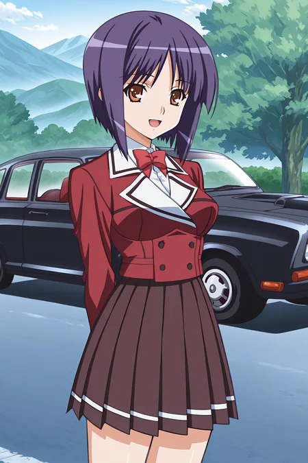 anime screencap, anime coloring, detailed face, masterpiece, best quality, very aesthetic, absurdres, official style, amazing quality, ultra detailed, highres, amazing quality, scenery, beautiful detailed hair, beautiful detailed eyes,
<lora:StS-Illustrious-Detail-Slider-v1.0:4>
girl is 18 years old,
outdoors, looking at the viewer, :D,
<lora:Sylvia_van_Hossen_ft._Yuu_Fujikura_and_Maria_van_Hossen_Princess_Lover_OVA:1>
Yuu Fujikura (character), 1girl, car, motor vehicle, solo, short hair, school uniform, bow, brown eyes, red blazer, purple hair, bowtie, outdoors, sports car, skirt, socks, kneehighs, cowboy shot, cute smile