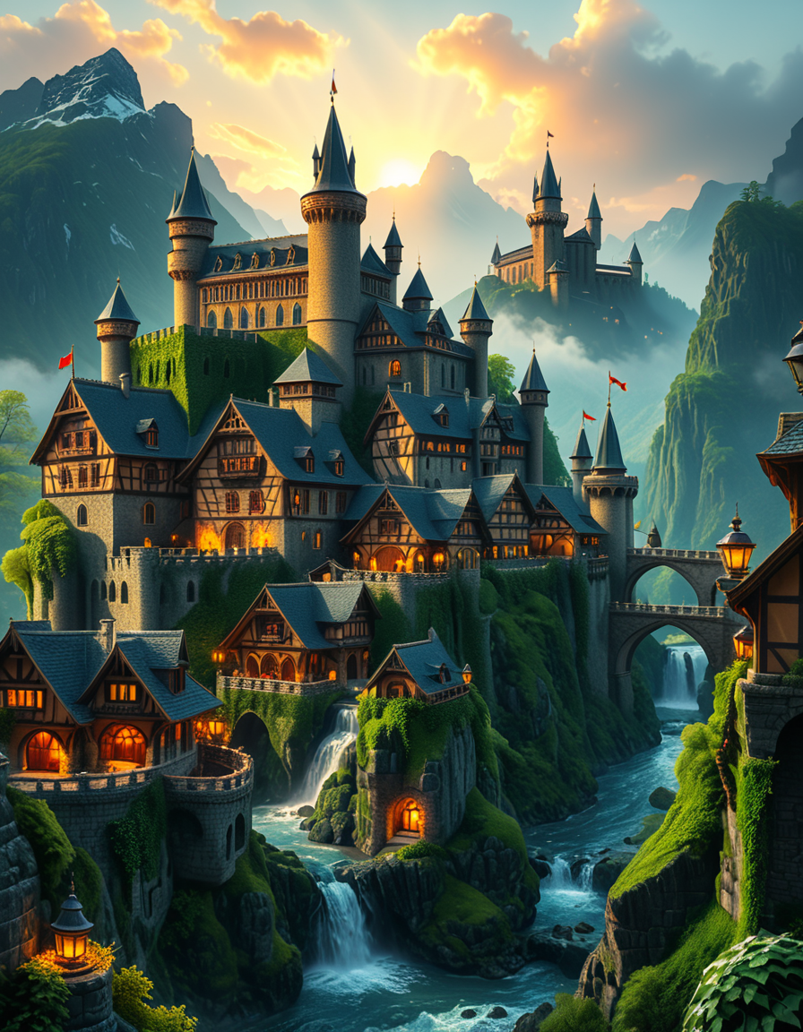 A breathtaking medieval fantasy city nestled in a lush valley, surrounded by towering mountains and dense forests. A grand castle with multiple towers and turrets stands atop a hill, overlooking the town below. The city consists of charming half-timbered houses with glowing windows, perched on rocky cliffs and connected by stone bridges over cascading waterfalls. The river flows through the village, reflecting the warm golden lights of lanterns and torches. Ivy and moss grow over the stone walls, adding to the enchanted, ancient atmosphere. The background features misty mountains with additional fortresses and watchtowers, partially hidden by low-hanging clouds. The sky is illuminated by a soft, warm sunset, casting a golden glow on the scenery, creating a perfect blend of realism and fantasy. Highly detailed, cinematic, and immersive, with a magical, fairy-tale ambiance.
<lora:SDXLFaeTastic2400:0.4> <lora:extremely_detailed:0.4> extremely detailed, <lora:medieval_f4nt4sy_c1ty:1>,medieval f4nt4sy c1ty, Masterpiece,best quality,hi res,8k,hi res,8k,award winning,(sharp focus, intricate, highly detailed),