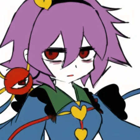 KKHTA_style, sharp_edges, masterpiece, best quality, (upperbody), (komeiji satori), (simple background:1.3), (white background), <lora:Sloppy Drawing:0.7>