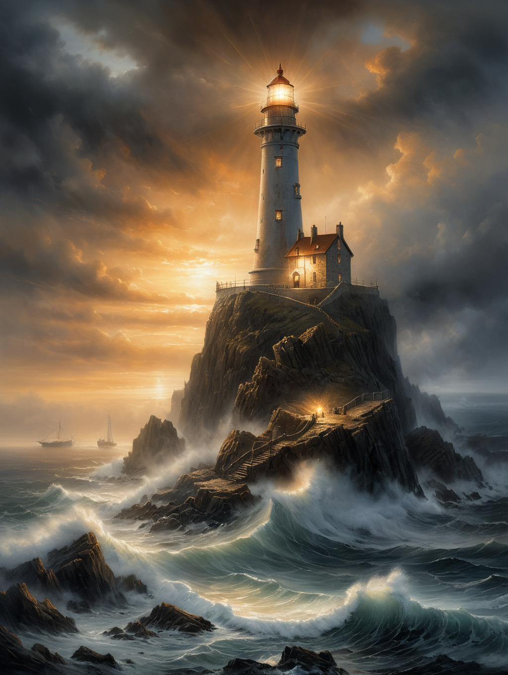 Oil painting, The lighthouse on the edge of the coast, An old medieval lighthouse stands along a rugged coastline, illuminating the darkness of the night. Its warm rays of light penetrate the fog and show ships the way, while the sound of the waves crashes against the rocks, masterpiece, high detail, 8k, intricate, detailed, high resolution, high res, high quality, <lora:add-detail-xl:1.8>, highly detailed, Extremely high-resolution details, fine texture