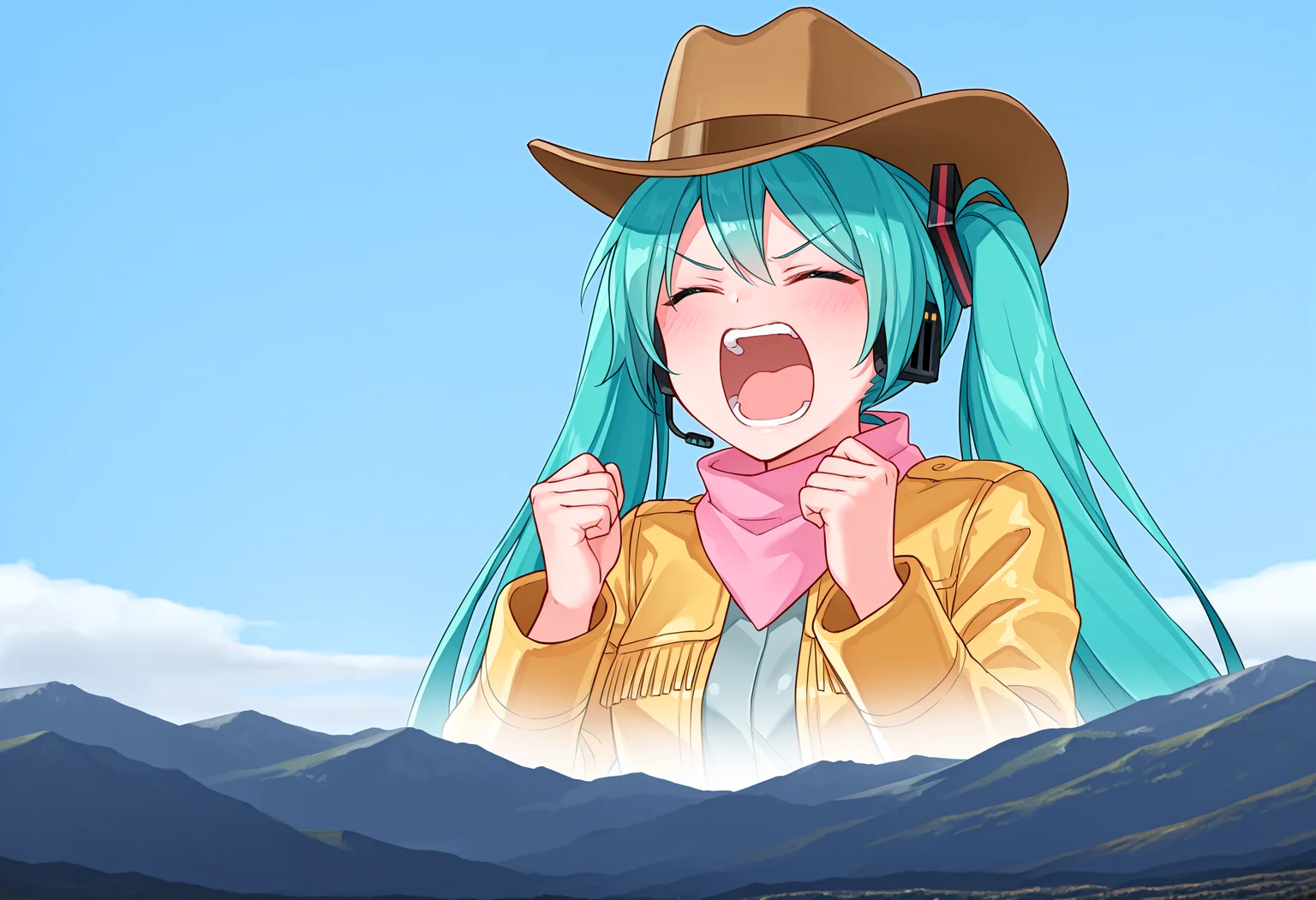 masterpiece, high quality, best quality, 1girl, solo, giantess, alternate costume, cowboy western, cowboy hat, yellow jacket, upper body, hatsune miku, landscape, closed eyes, shouting, mountainous horizon, sky, cloud, clenched hands, <lora:big_enough_meme:1>