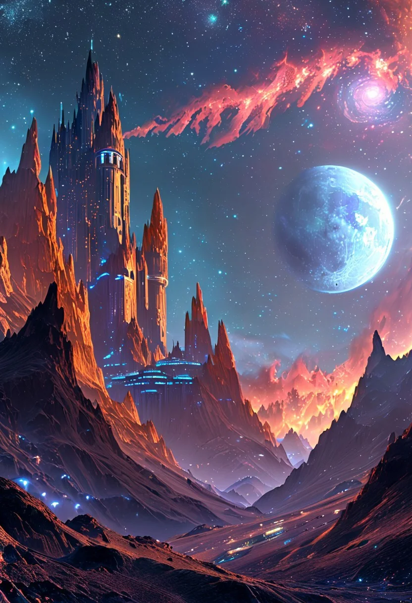 A captivating night scene illustration featuring a bright and inviting futuristic space base on a great great mountain. The great technologically advanced base and mountain are much like Neuschwanstein Castle in Bavaria. Spaceships fly overhead. This enchanting artwork captures a dark but comforting night, where 2 brilliant moons hang above and over the great valley and advanced space fortress which stands resolute amidst the great mountains, creating a cinematic experience., space_backround, illustration, cinematic
<lora:DonM3t3rn1tyXL-v1.1:0.7>, DonM3t3rn1tyXL,
OverallDetailXL <lora:MJ52:0.3> <lora:SDXLFaeTastic2400:0.4> <lora:EpicF4nta5yXL:0.7>