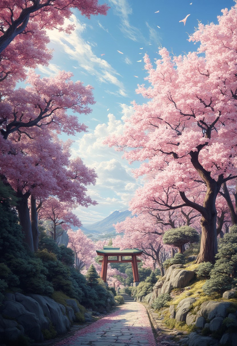 ( Calm spring morning landscape), beautiful view, An old weeping cherry tree, Sakura Fubuki, A carpet of cherry blossom petals, early morning, sunrise sky, beautiful clouds, dappled sunlight, 
The old shrine and red torii gates create a special atmosphere. 
A wonderful waka-like landscape, 
I can see the mountains in the distance, 
depth of field, masterpiece, best quality, ultra-detailed, very aesthetic, illustration, perfect composition, intricate details, absurdres, moody lighting, wisps of light, no humans,