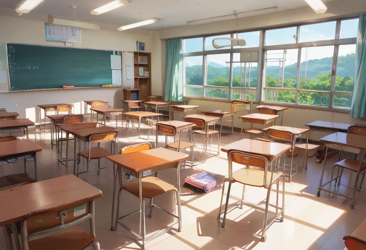 score_9, score_8_up, score_7_up, rating_safe, masterpiece, best quality, absurdres, unity 8k wallpaper, official art, official style, source_anime, uncensored, game cg, megami magazine,
kyoshitsu, classroom, scenery, chalkboard, window, school, indoors, clock, sunlight, school desk, bulletin board, shade, curtains, school chair, ceiling light, shadow, artist name, book, chinese text, ceiling, day, paper,  from behind
 <lora:gakkou_kyoshitsu_PONY_V1:1>